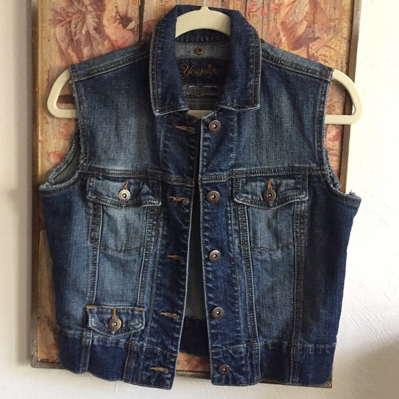 VINTAGE Y2K 90s JEAN JACKET VEST YOUNGIQUE STRETCH BOHO DISTRESS DENIM JEAN VEST - Picture 5 of 11